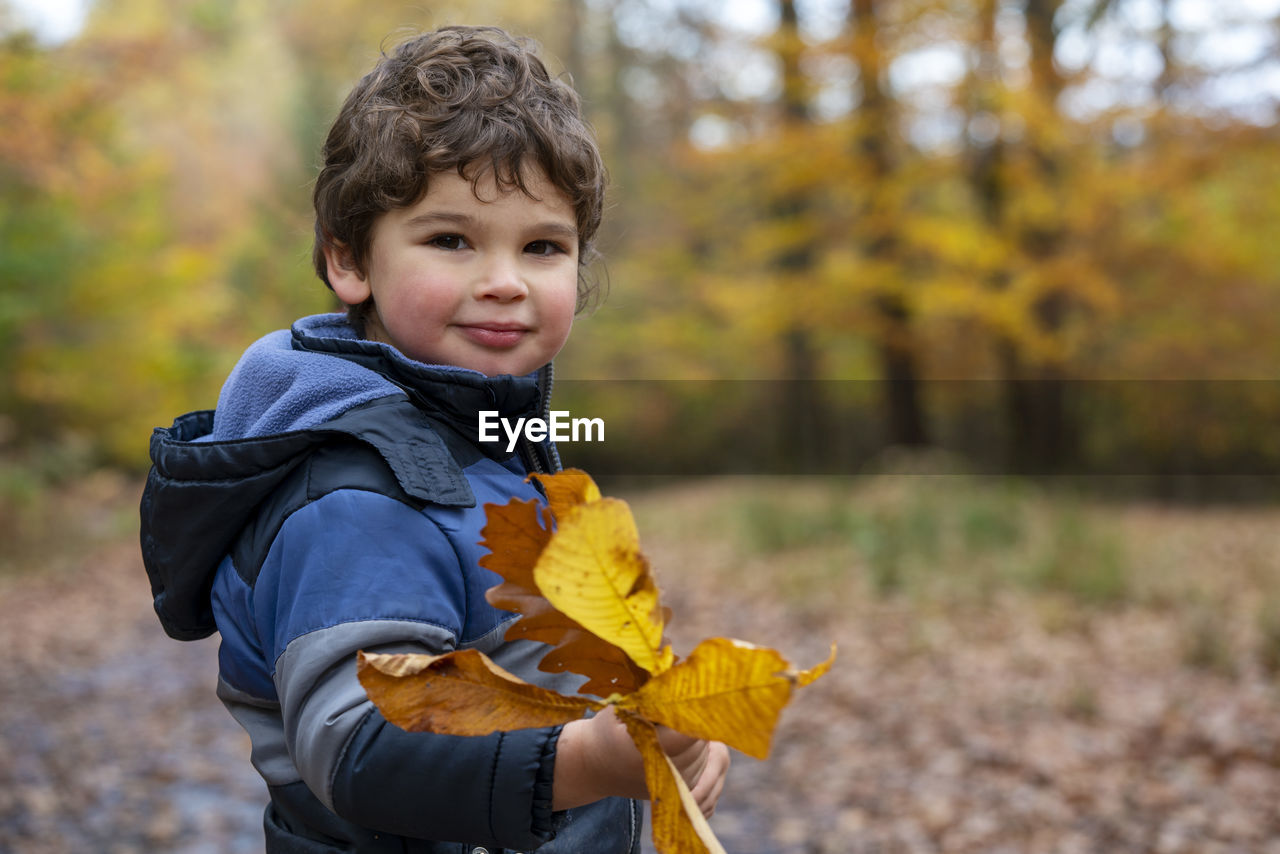 Portrait of boy with autumn leaves