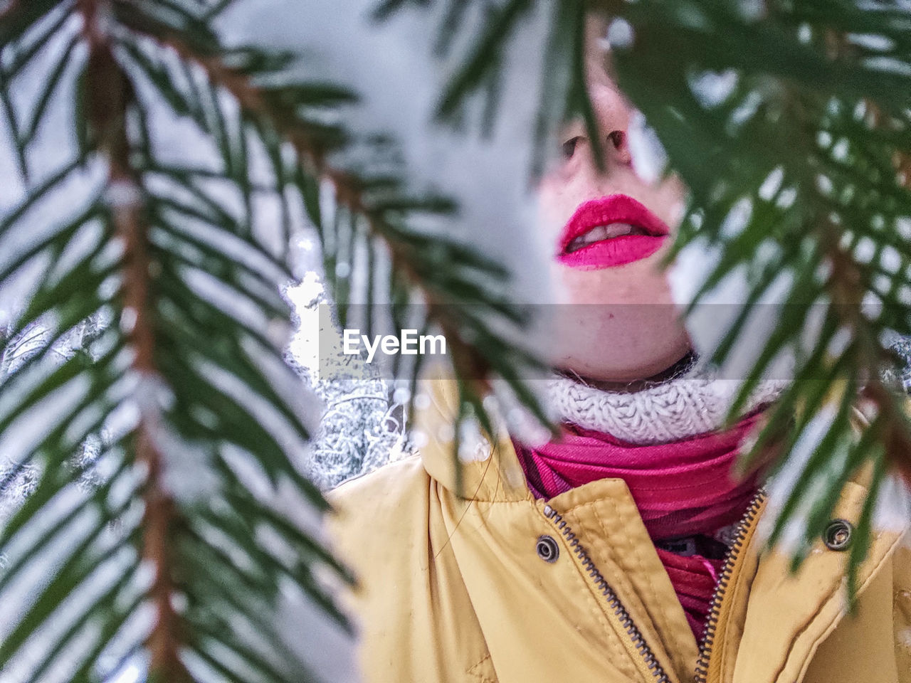 Low angle view of young woman between evergreen tree in winter with bright colored lips