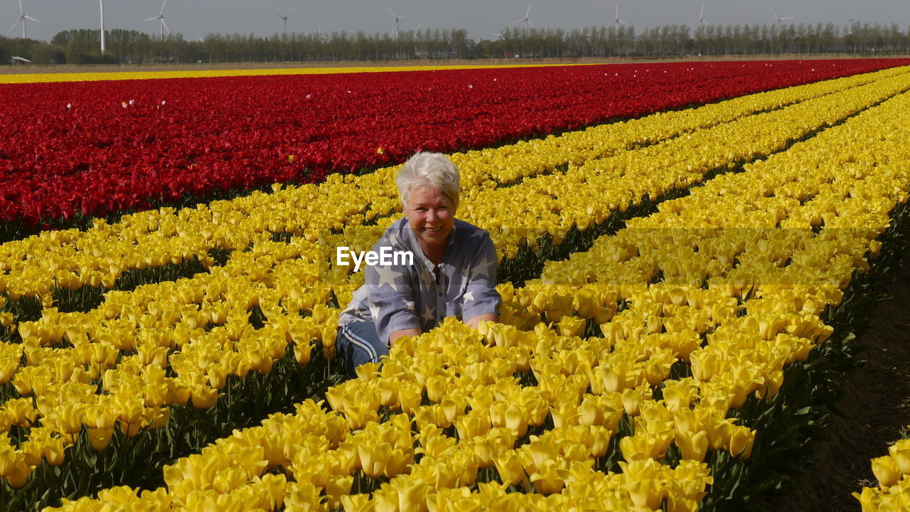 Portrait of smiling woman crouching amid yellow tulips