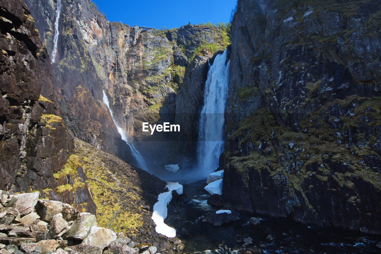 SCENIC VIEW OF WATERFALL IN MOUNTAINS