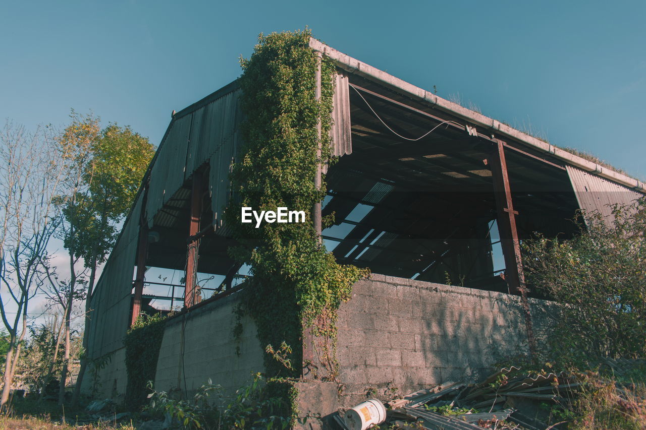 LOW ANGLE VIEW OF ABANDONED BUILDING AGAINST TREES