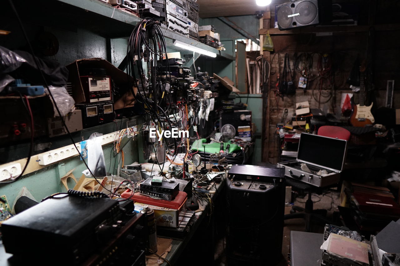 High angle view of messy workshop