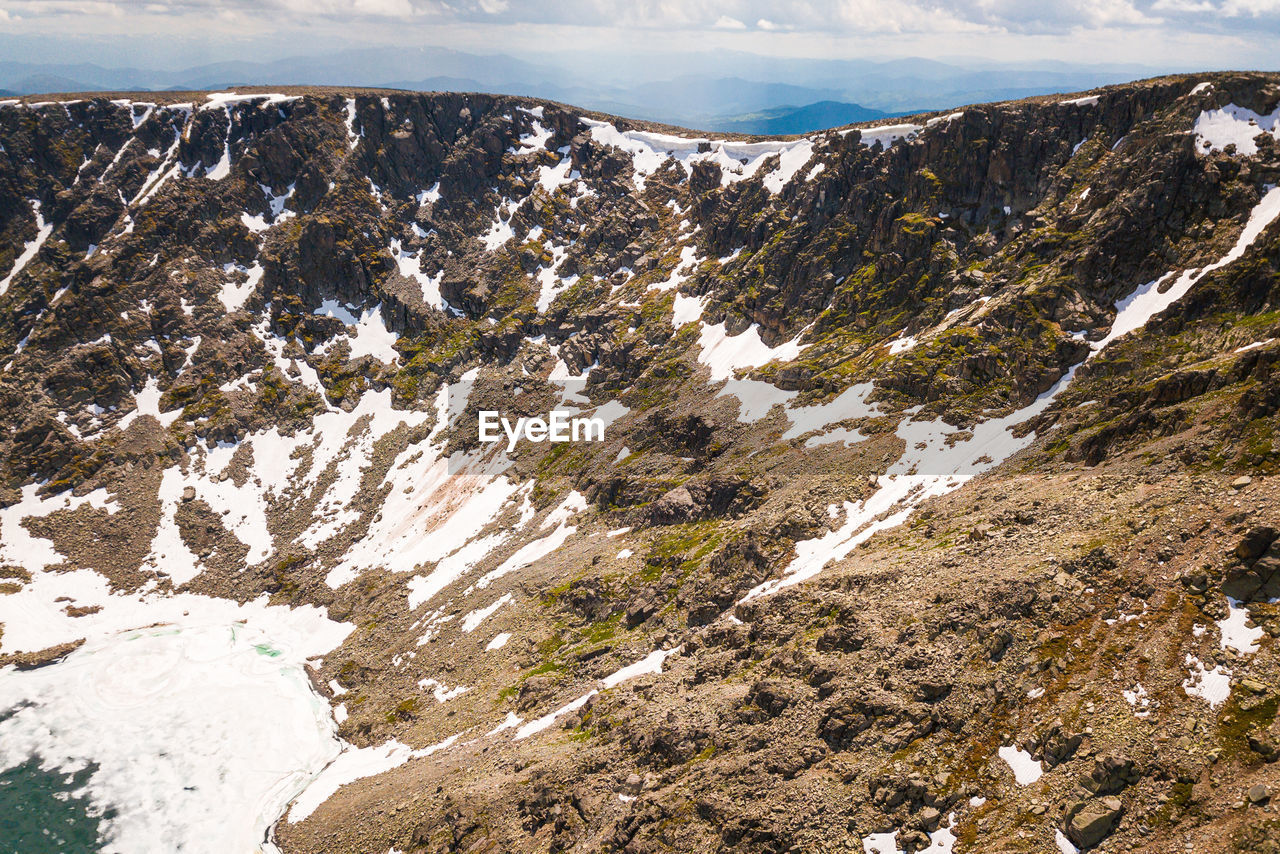 Ultra wide panorama of the horizon. mountains covered with snow against the blue sky. 