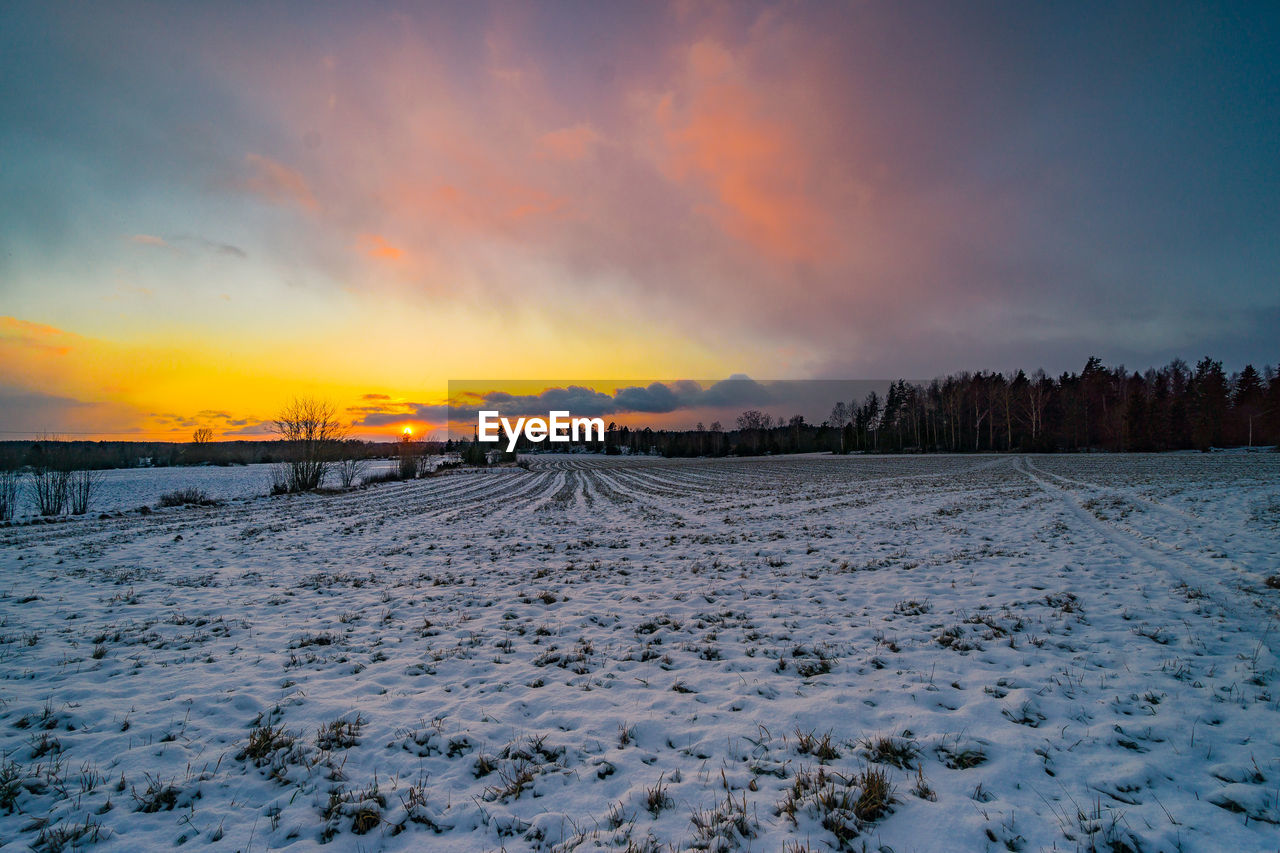 SCENIC VIEW OF FROZEN FIELD AGAINST SKY DURING SUNSET