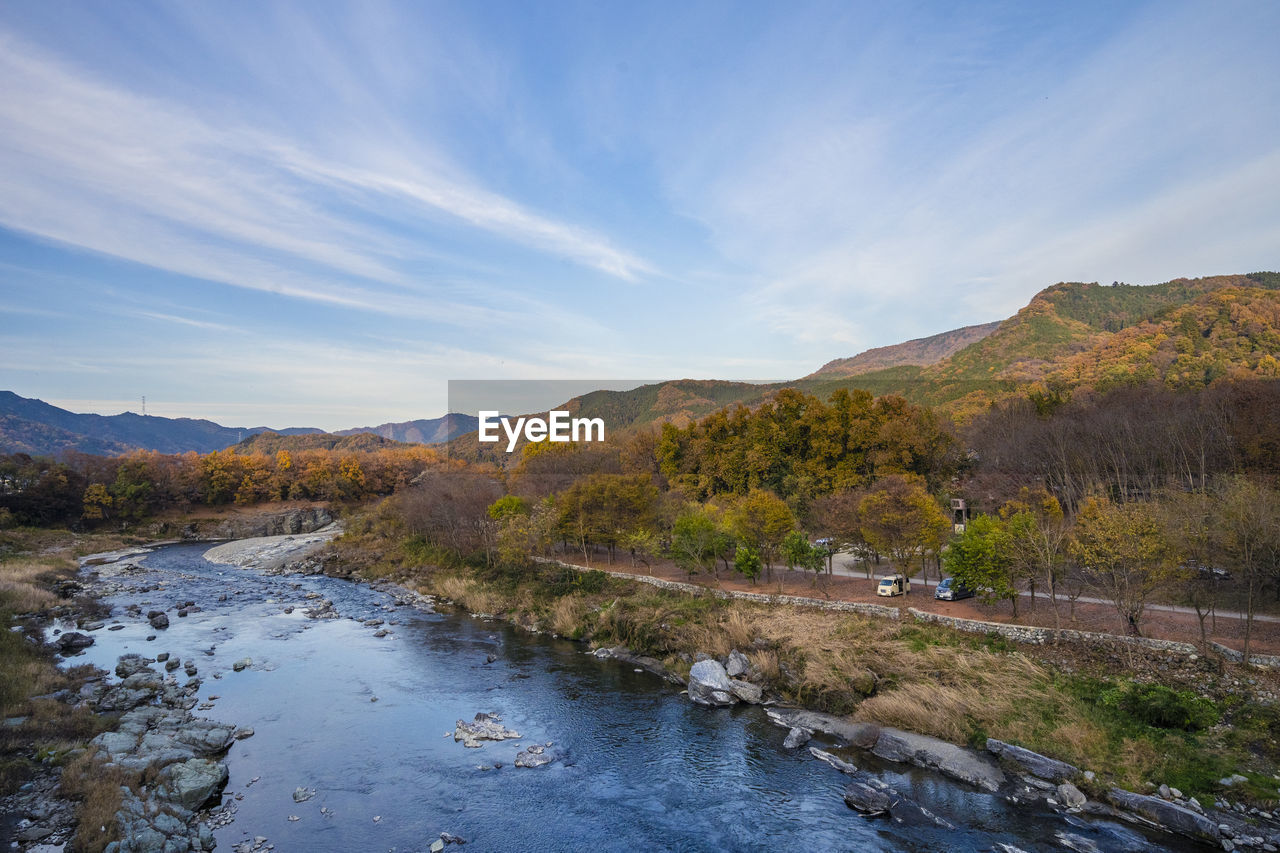 Scenic view of river by mountains against sky