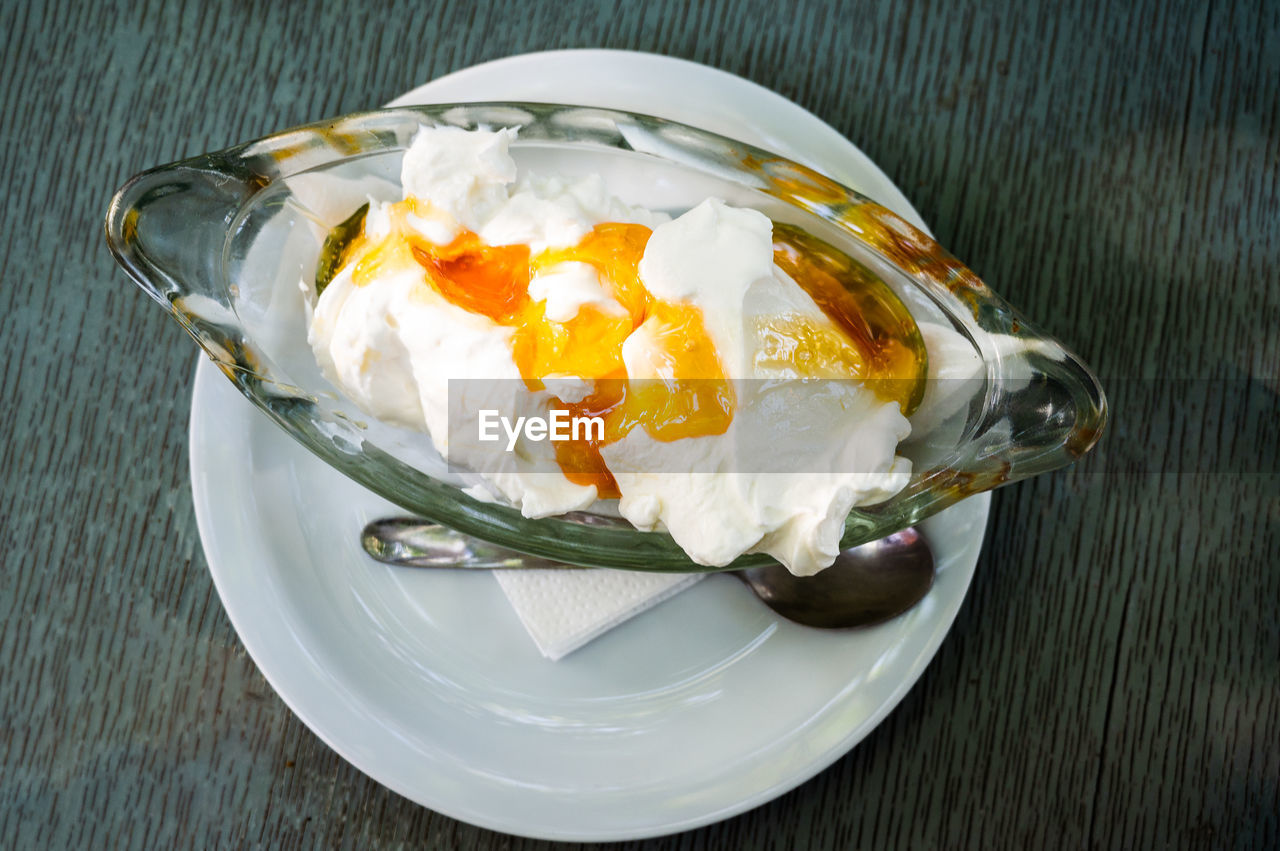 high angle view of food served in plate on table