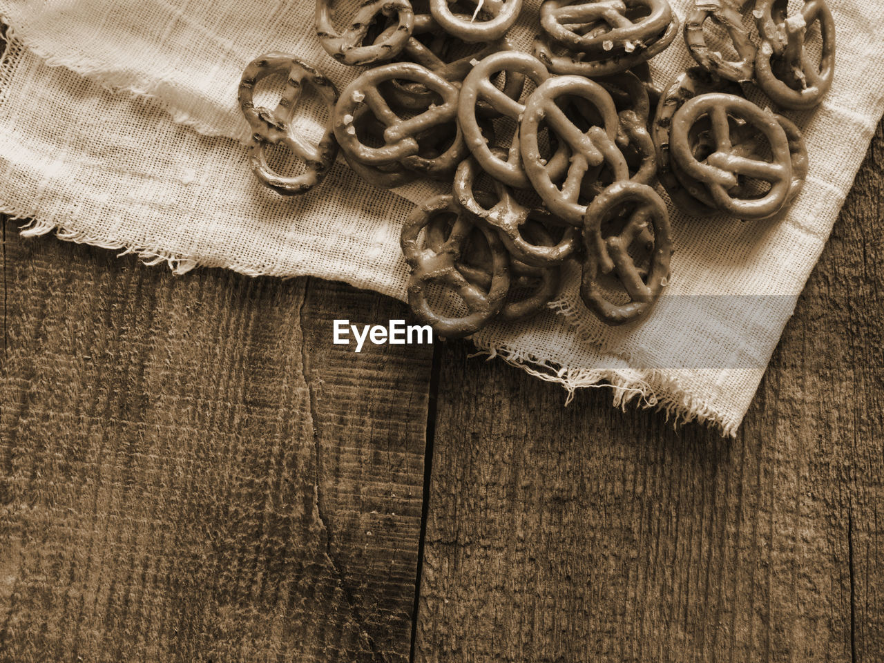 High angle view of pretzels on table