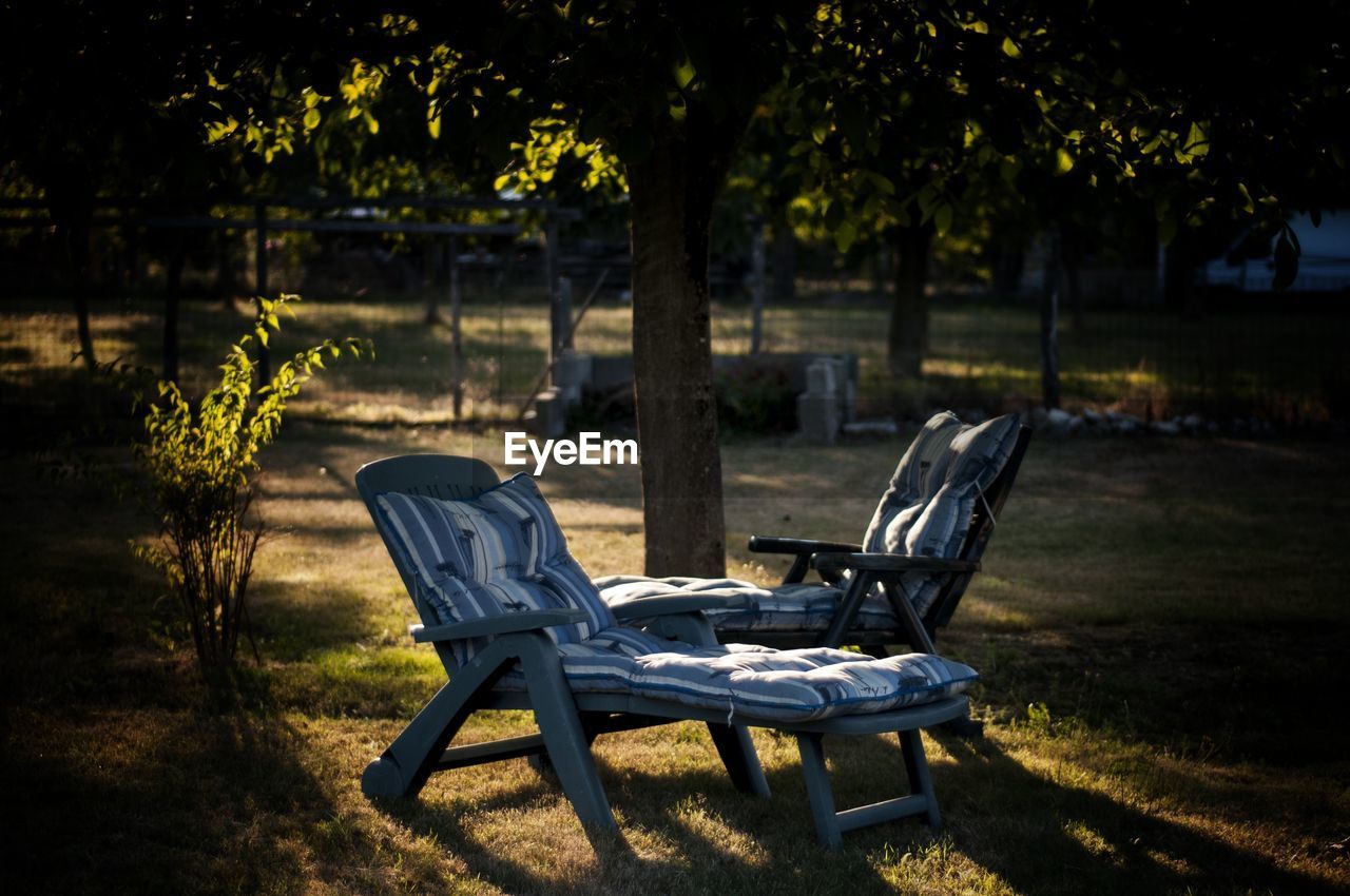 Chair on grassy field against tree