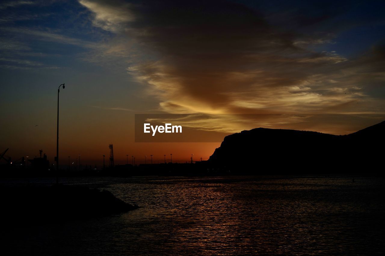SCENIC VIEW OF SILHOUETTE SEA AGAINST SKY DURING SUNSET
