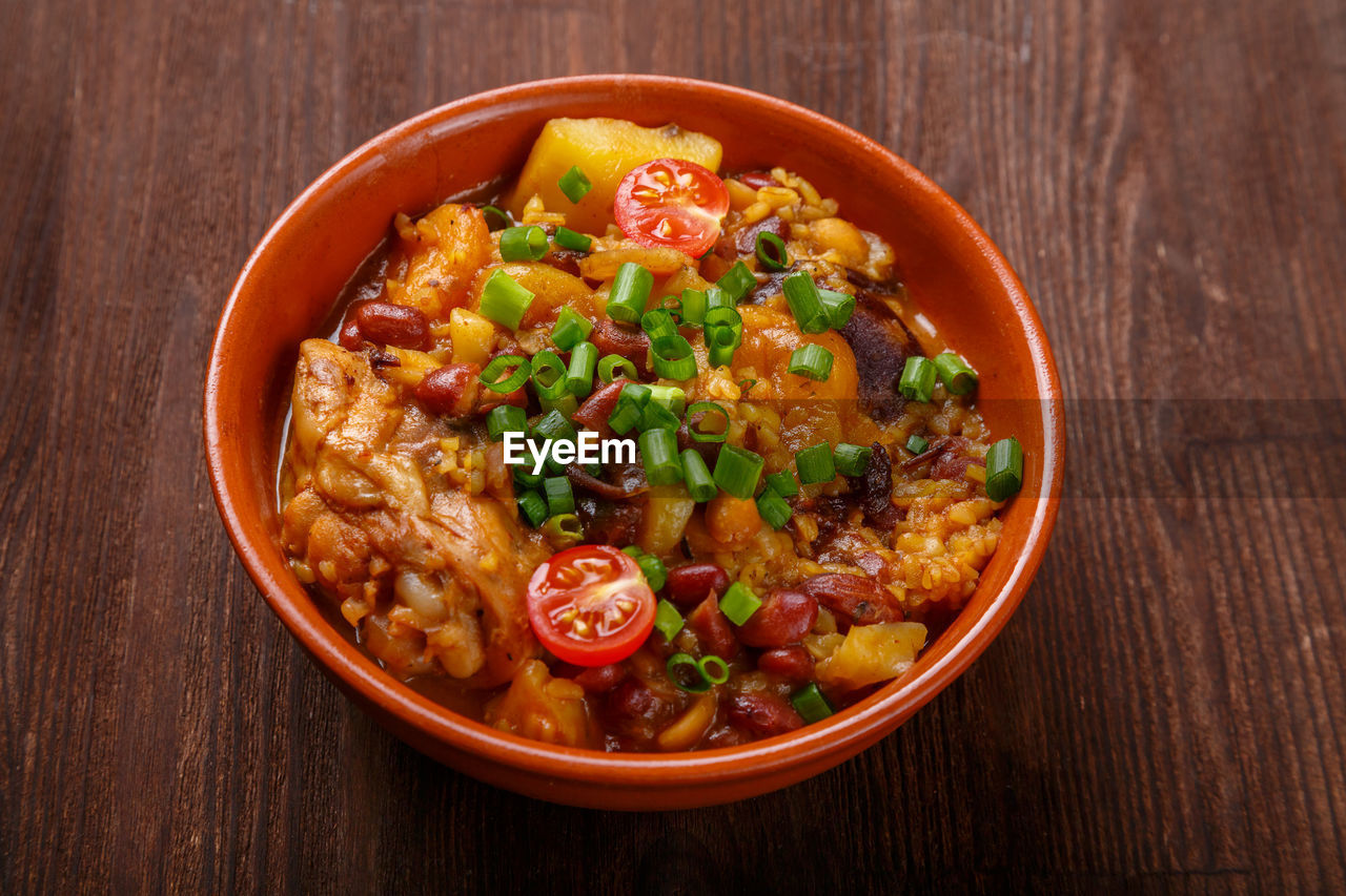 high angle view of soup in bowl on table