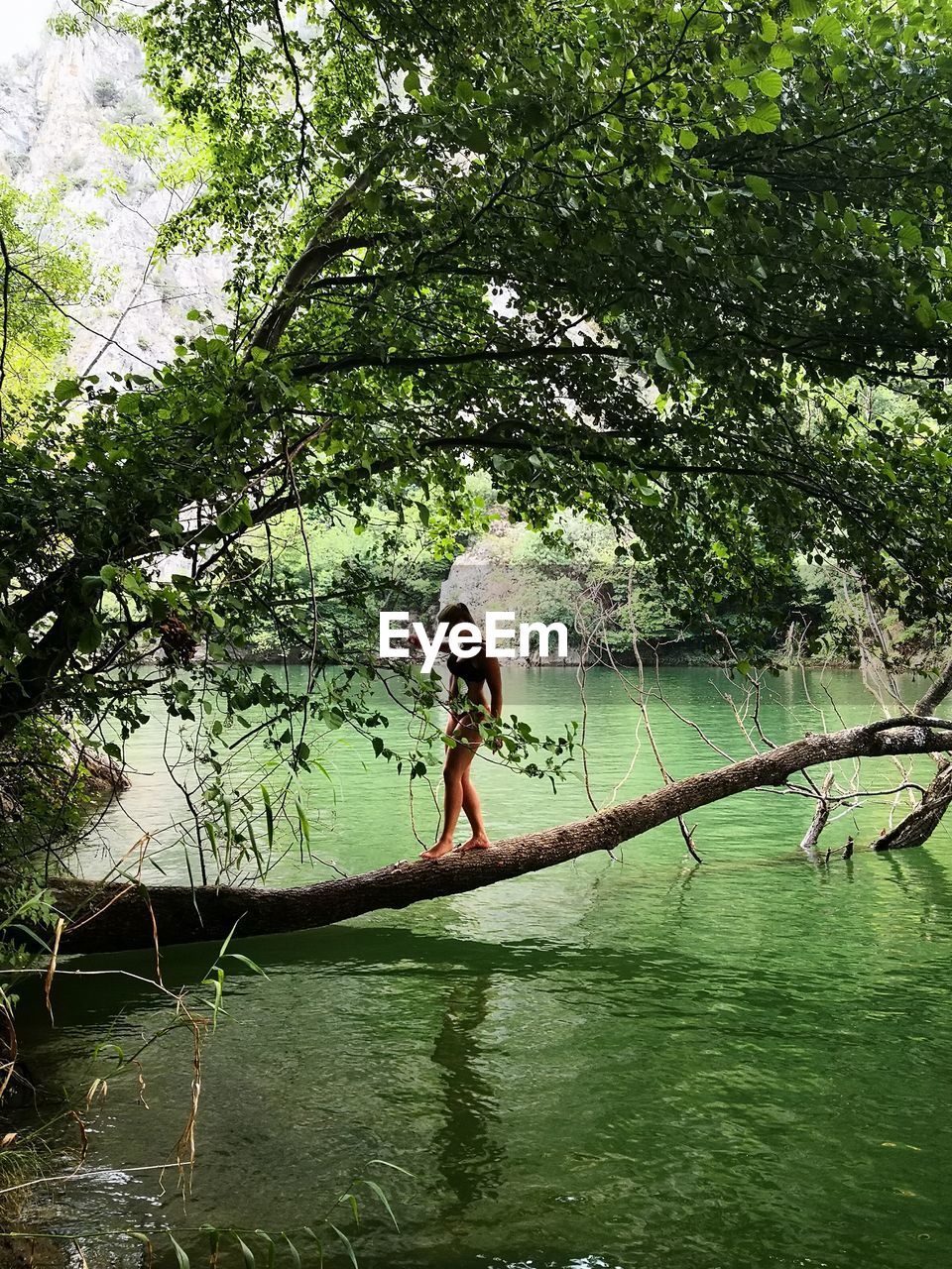 Full length of woman walking on tree trunk over lake