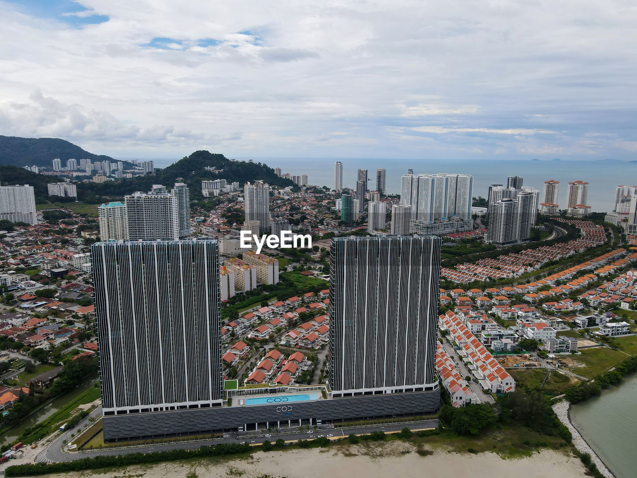 high angle view of townscape against sky