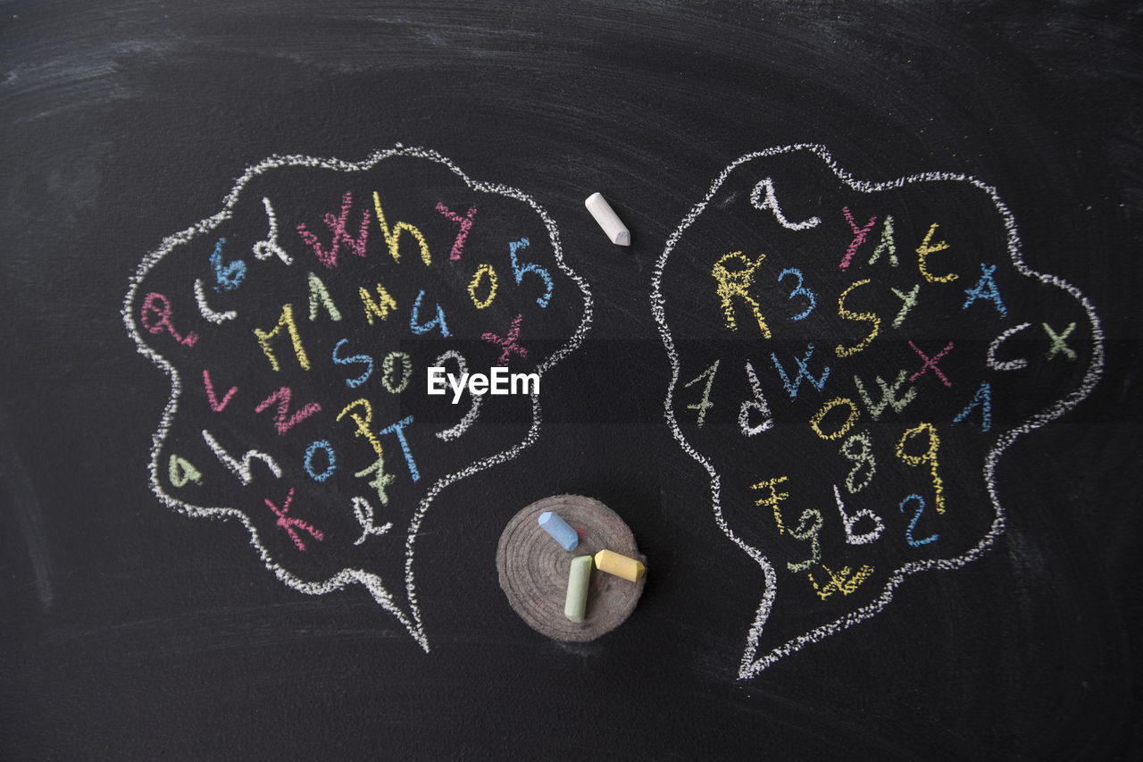 Close-up of multi colored chalk drawing on blackboard