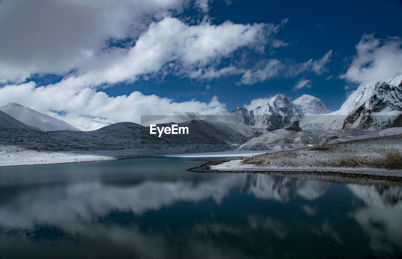 Scenic view of lake and snowcapped mountains against sky