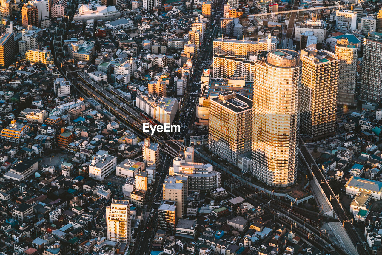 HIGH ANGLE VIEW OF CITY STREET AND BUILDINGS