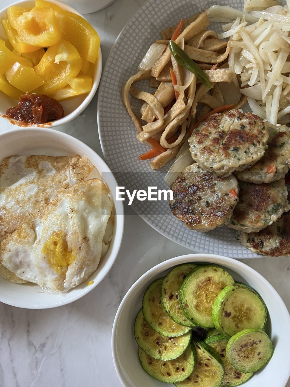 high angle view of food served in plates on table