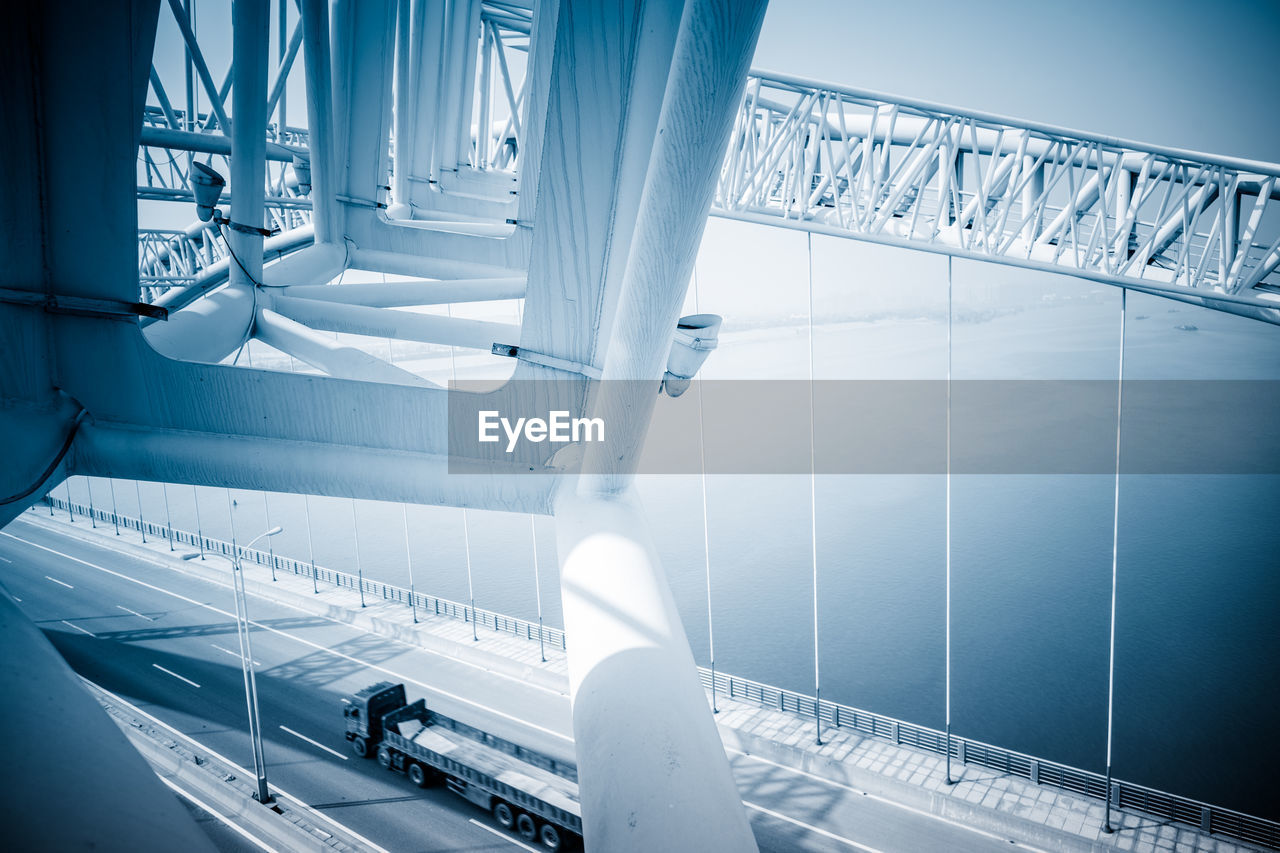 HIGH ANGLE VIEW OF BRIDGE AND STAIRCASE IN SUNLIGHT