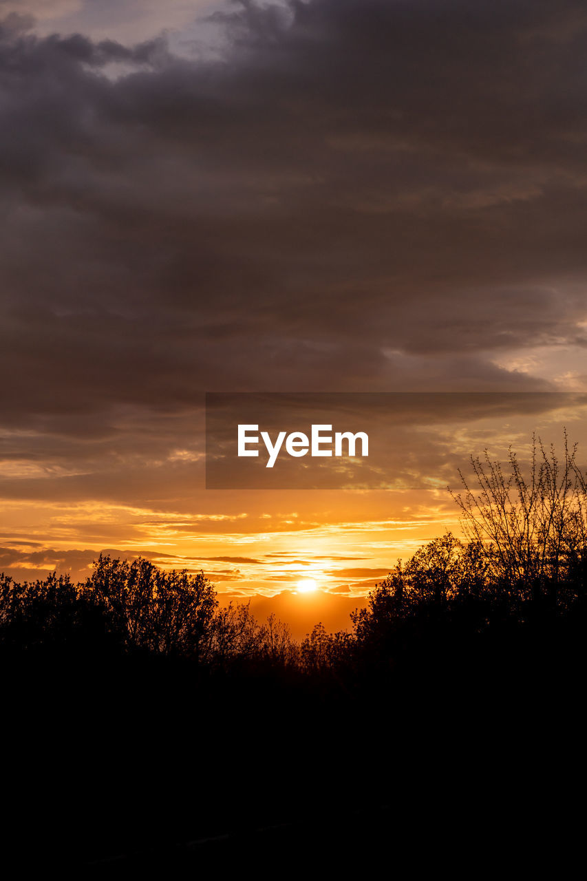 sky, sunset, cloud, beauty in nature, tranquility, scenics - nature, tree, plant, tranquil scene, silhouette, nature, orange color, no people, afterglow, landscape, environment, idyllic, dramatic sky, sunlight, non-urban scene, red sky at morning, sun, land, outdoors, growth, field, back lit, cloudscape, atmospheric mood