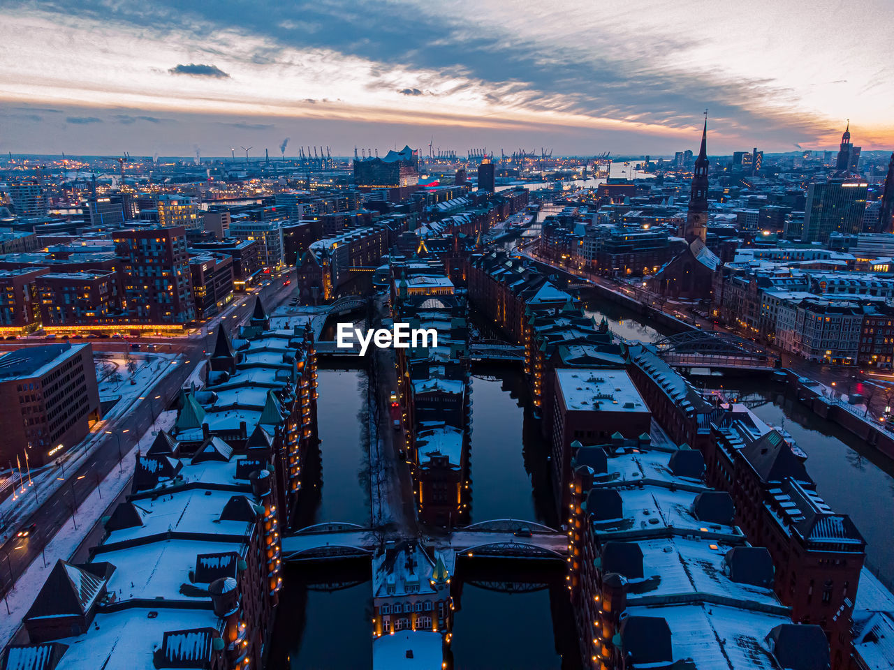 Hamburg harbour in winter droneshot