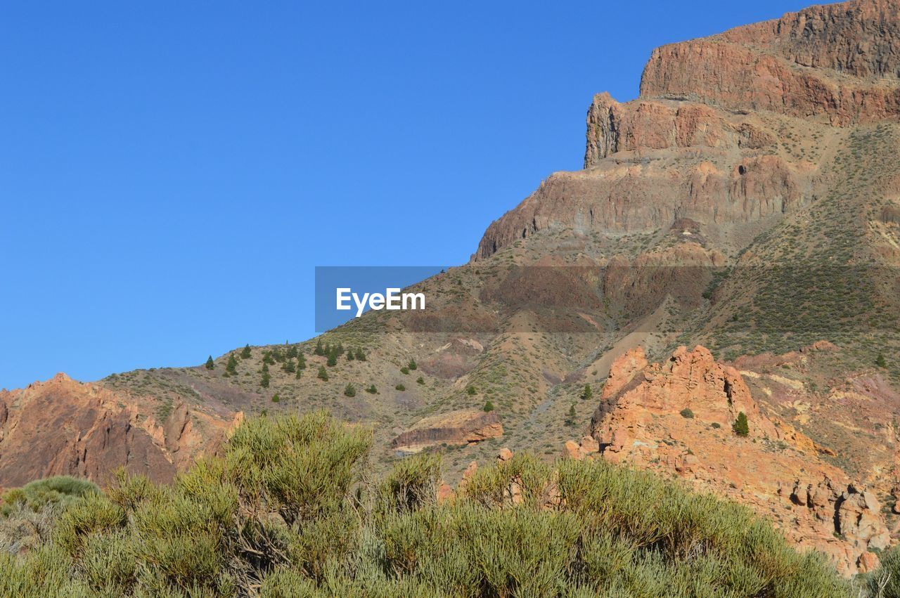 Low angle view of rocky mountains against clear sky