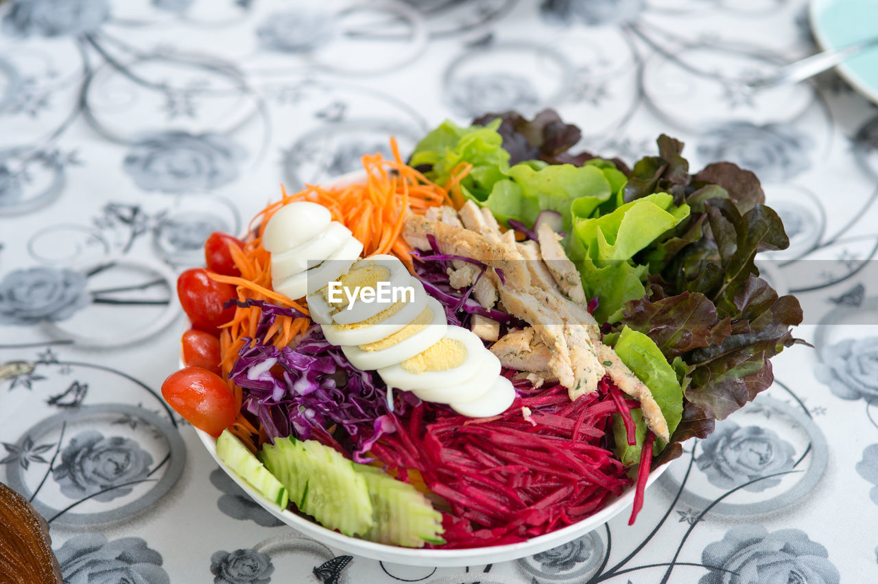 High angle view of salad in bowl on table