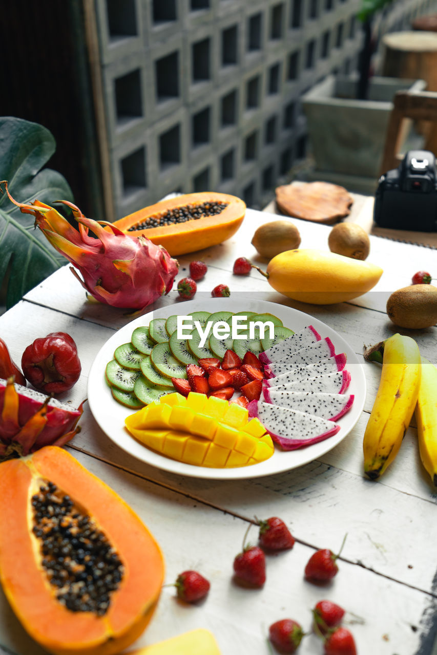 High angle view of breakfast on table