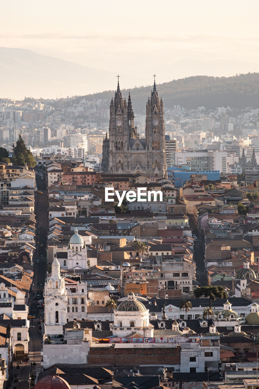 Basilica del voto nacional and cityscape during the morning in quito, ecudor