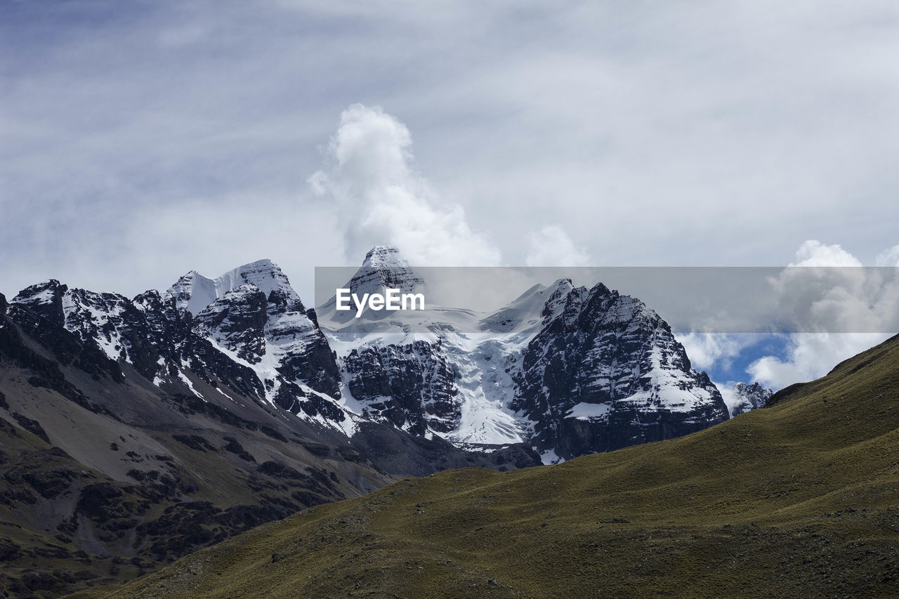 Panoramic view of snowcapped mountains against sky