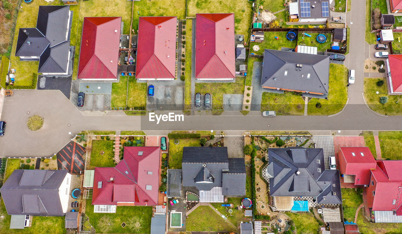 Aerial view of a typical german residential area, taken with the drone