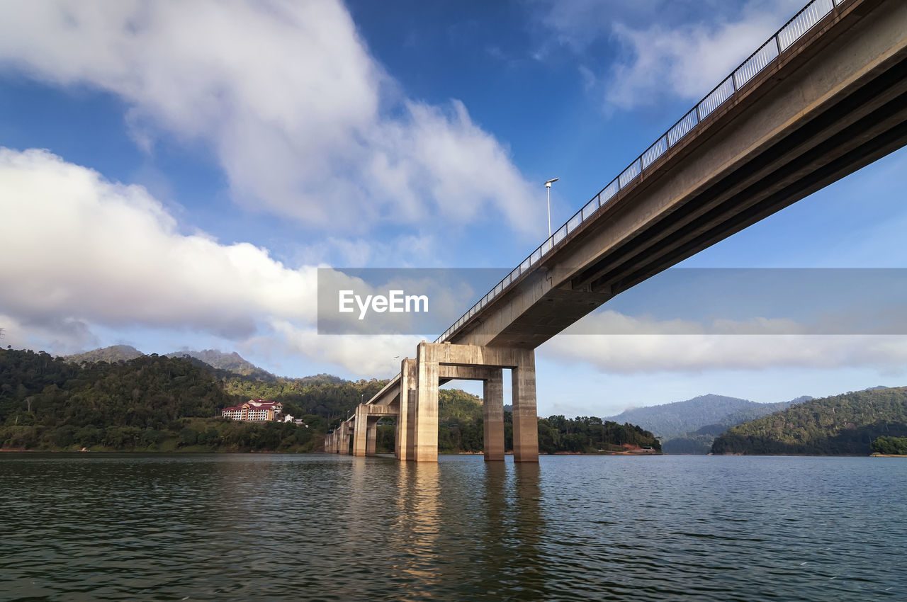 BRIDGE OVER RIVER BY MOUNTAINS AGAINST SKY