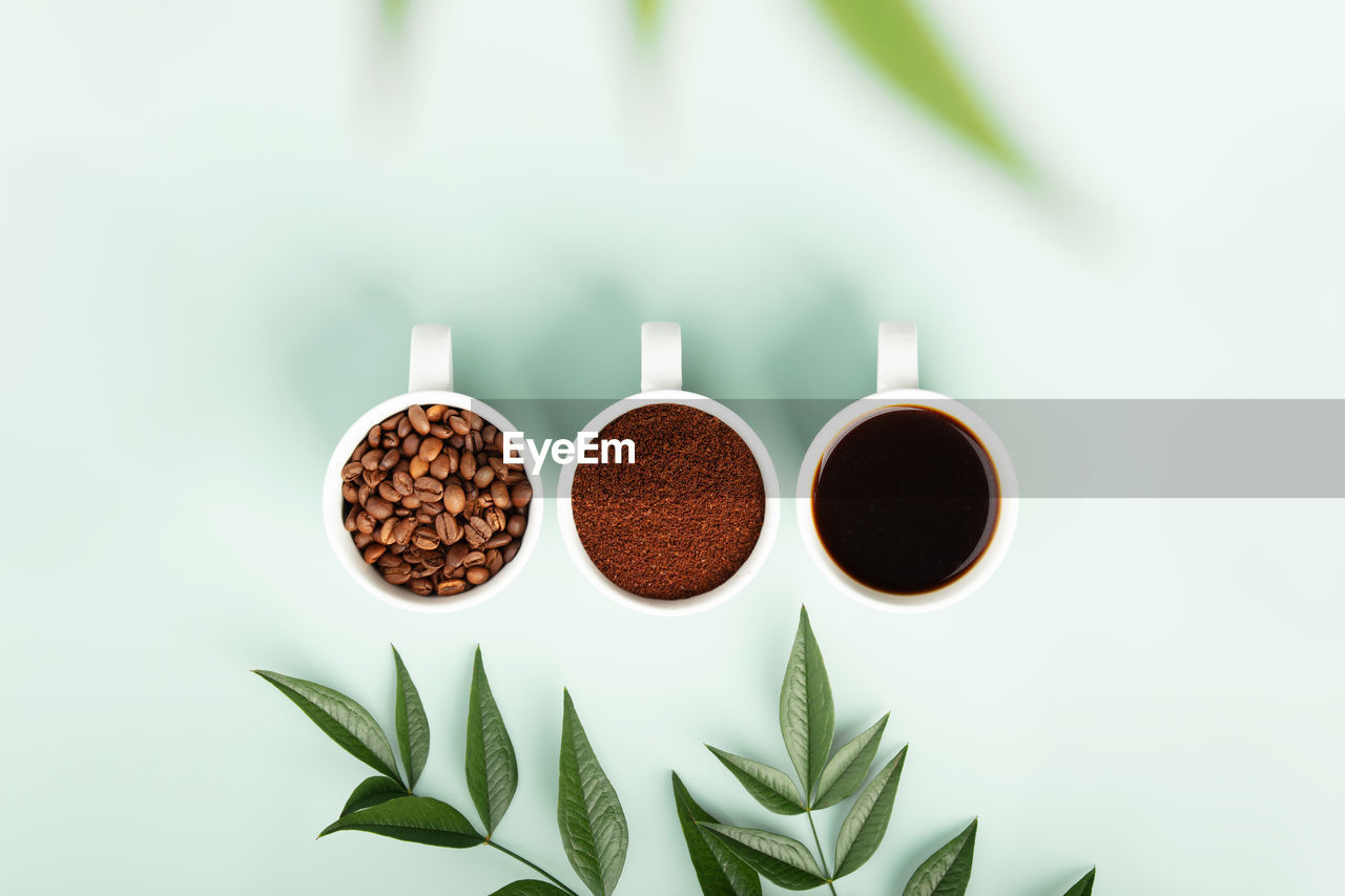 high angle view of coffee beans on white background