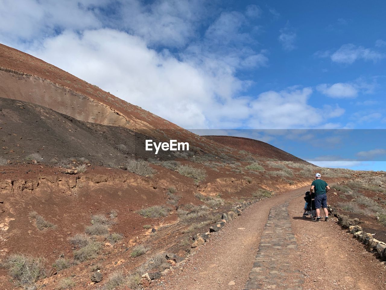 Rear view of man pushing friend on wheelchair at mountain road 