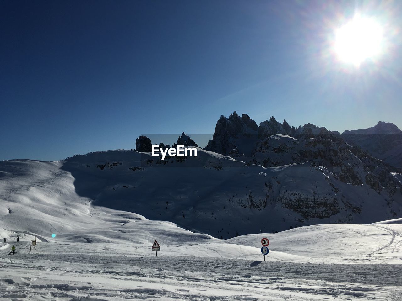 Tre cime, snowcapped mountain against sky during winter