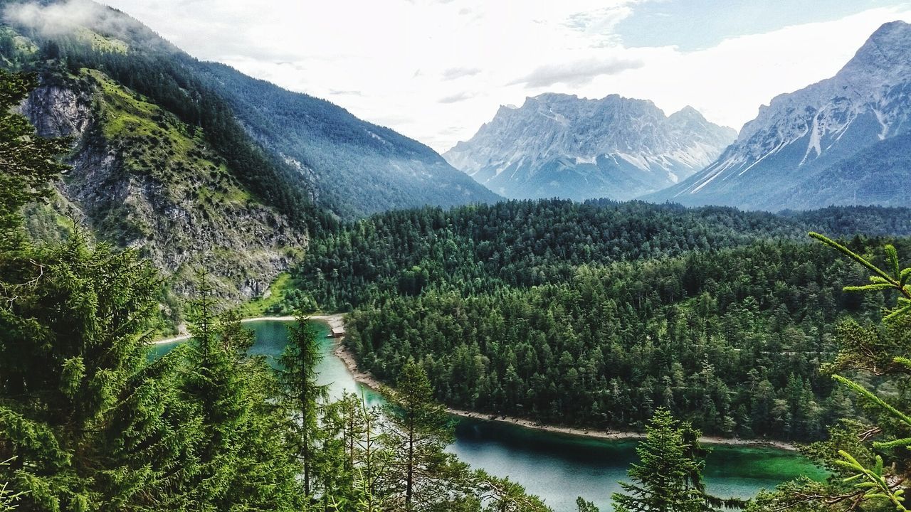 Scenic view of forest by lake against zugspitze mountain