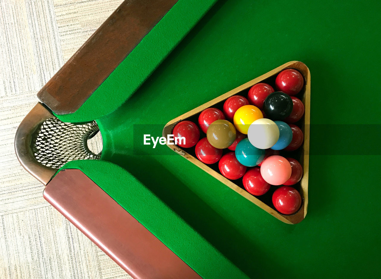 High angle view of colorful balls on pool table