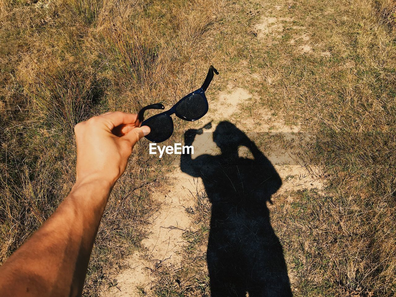 Cropped image of hand holding sunglasses with shadow falling on field