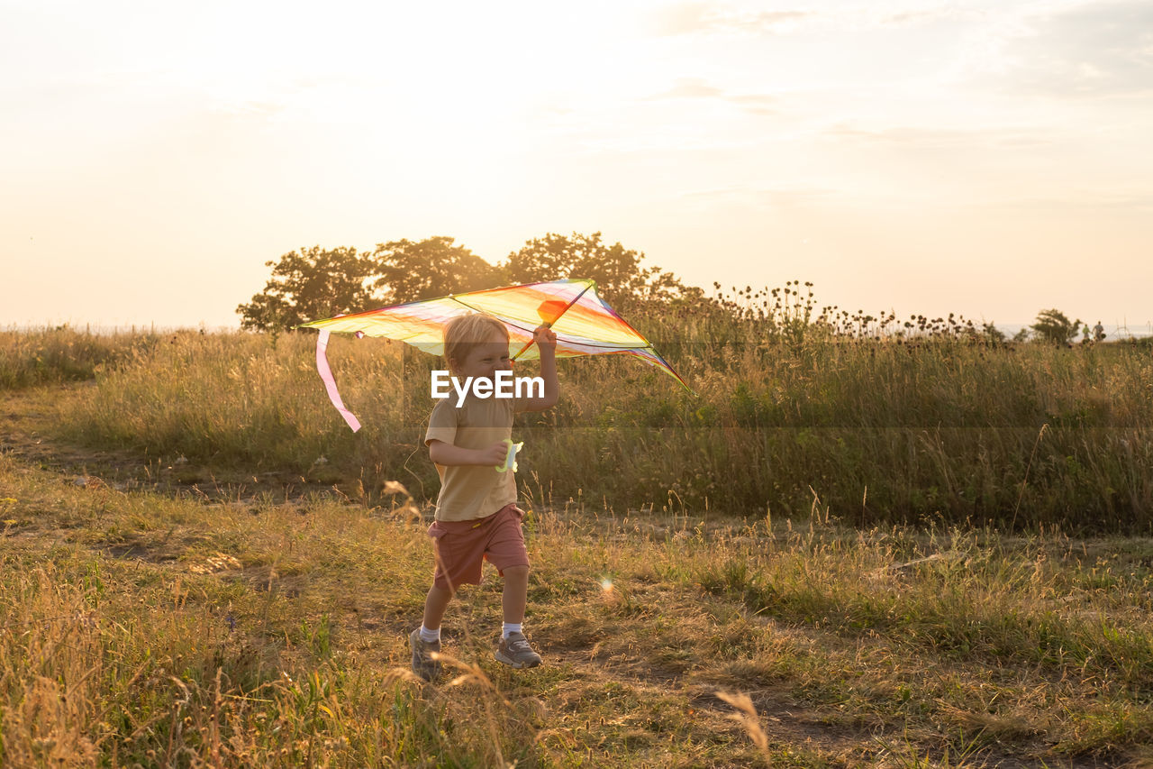 Happy little kid boy having fun with kite in nature at sunset