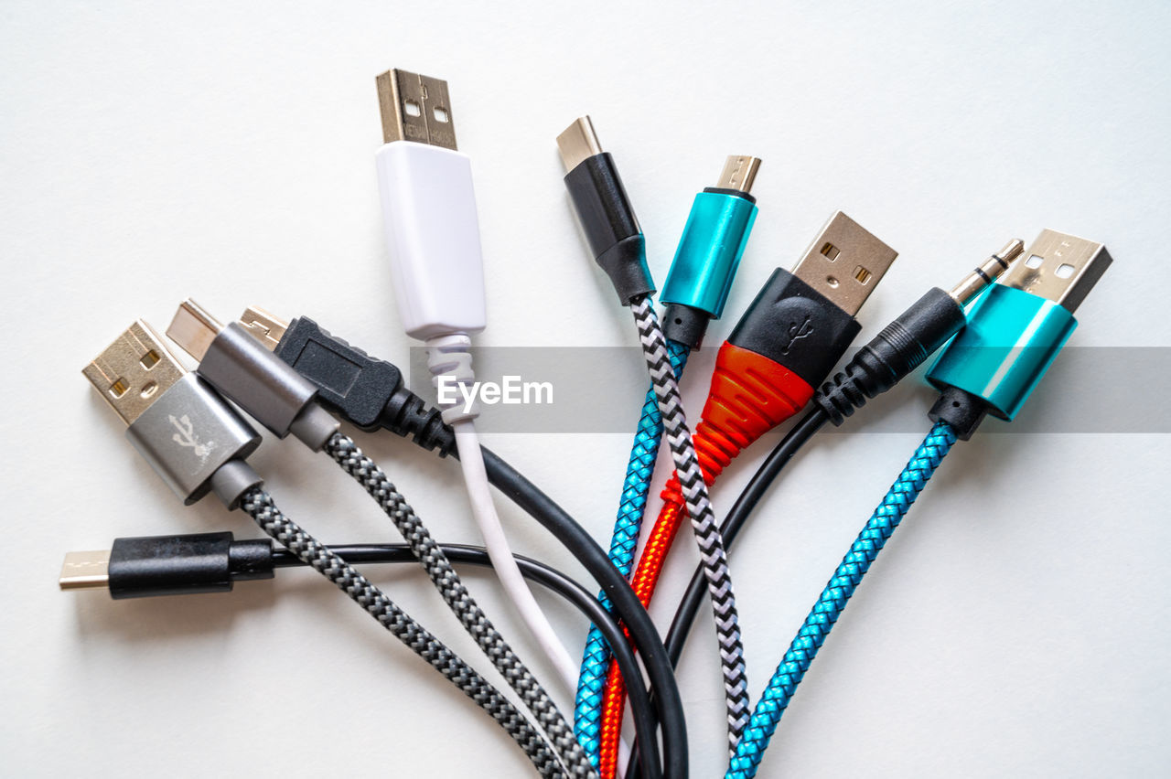 cable, studio shot, indoors, no people, variation, white background, group of objects, still life, large group of objects, high angle view, electrical connector