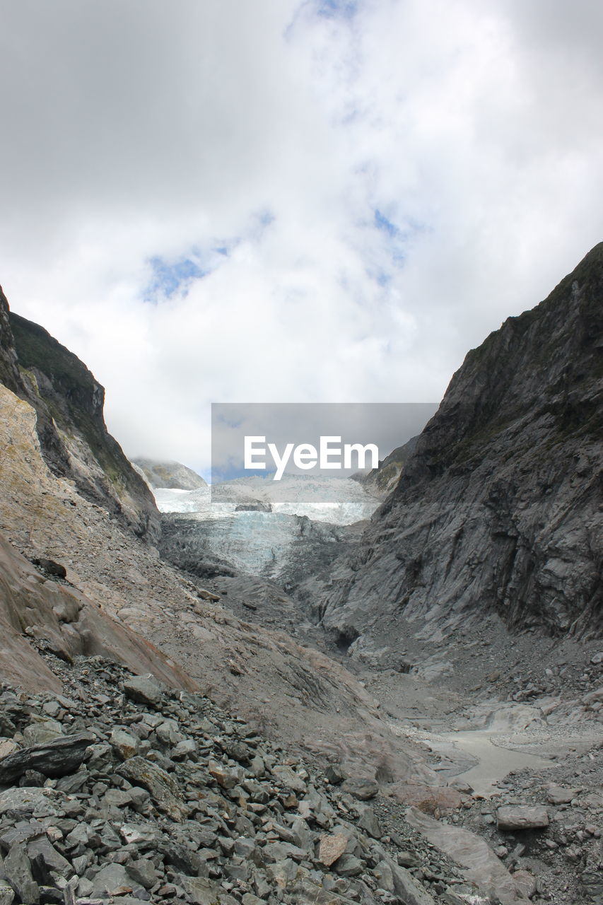 Scenic view of mountains against cloudy sky