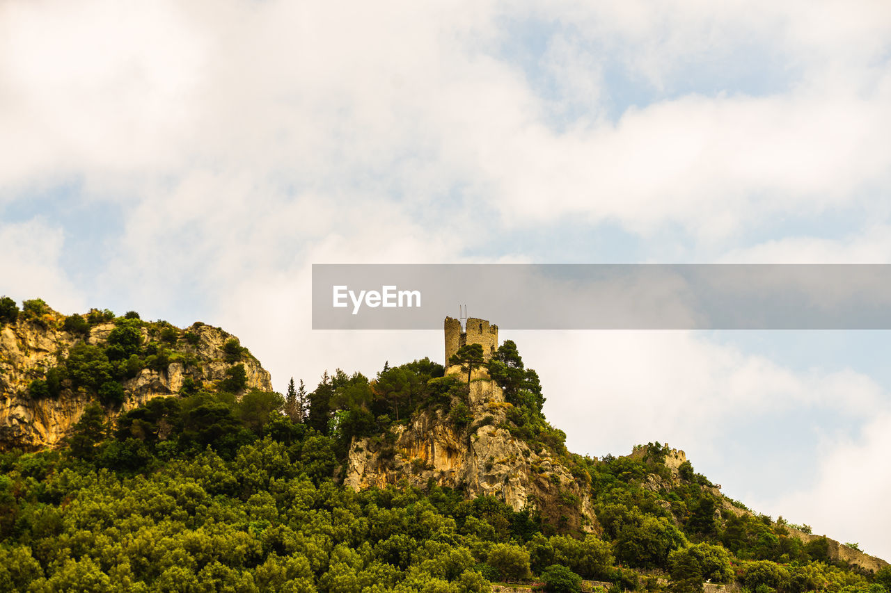 Low angle view of trees and mountain against sky