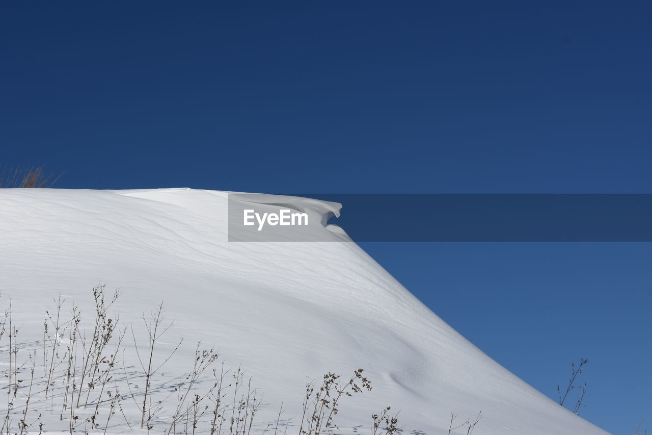 Low angle view of snowcapped mountain against clear blue sky