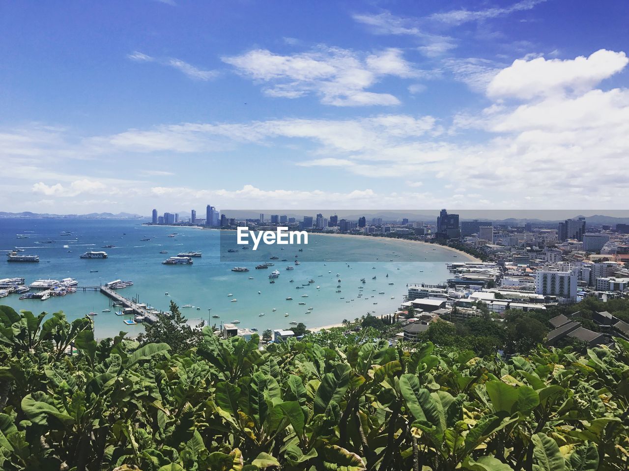 HIGH ANGLE VIEW OF BAY AND BUILDINGS IN CITY