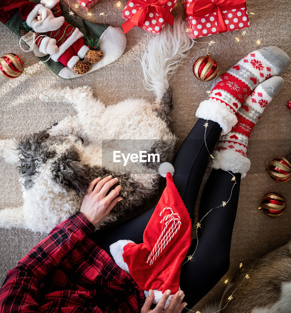 Directly above shot of young woman using laptop by christmas decoration