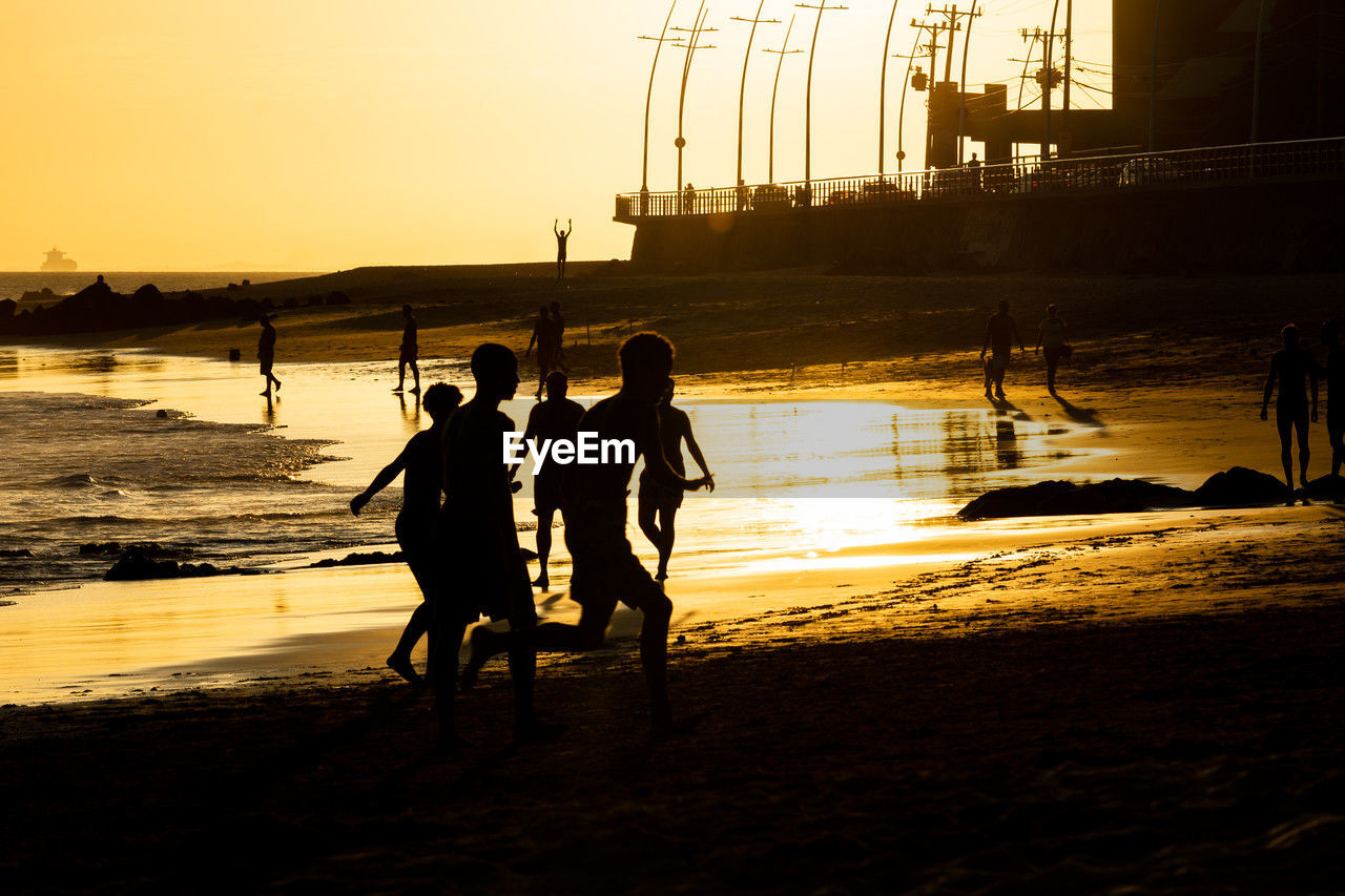 Rear view of people at beach during sunset