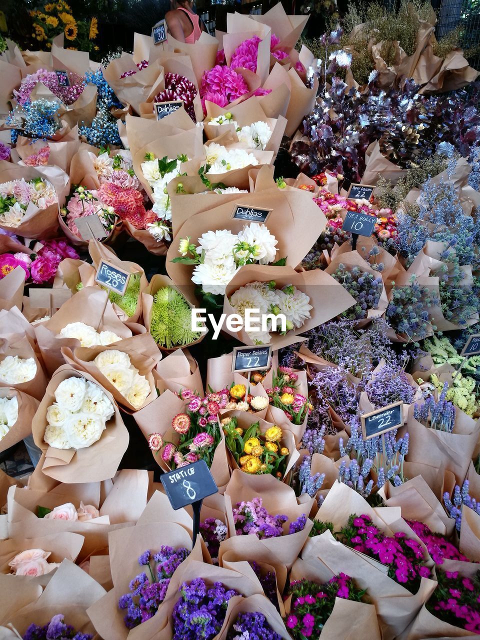 High angle view of various flowers for sale in market