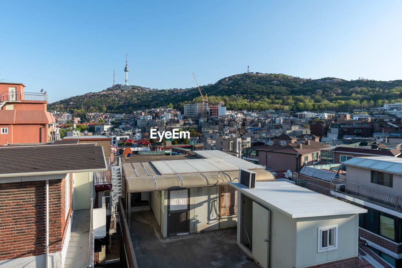 high angle view of townscape against clear sky