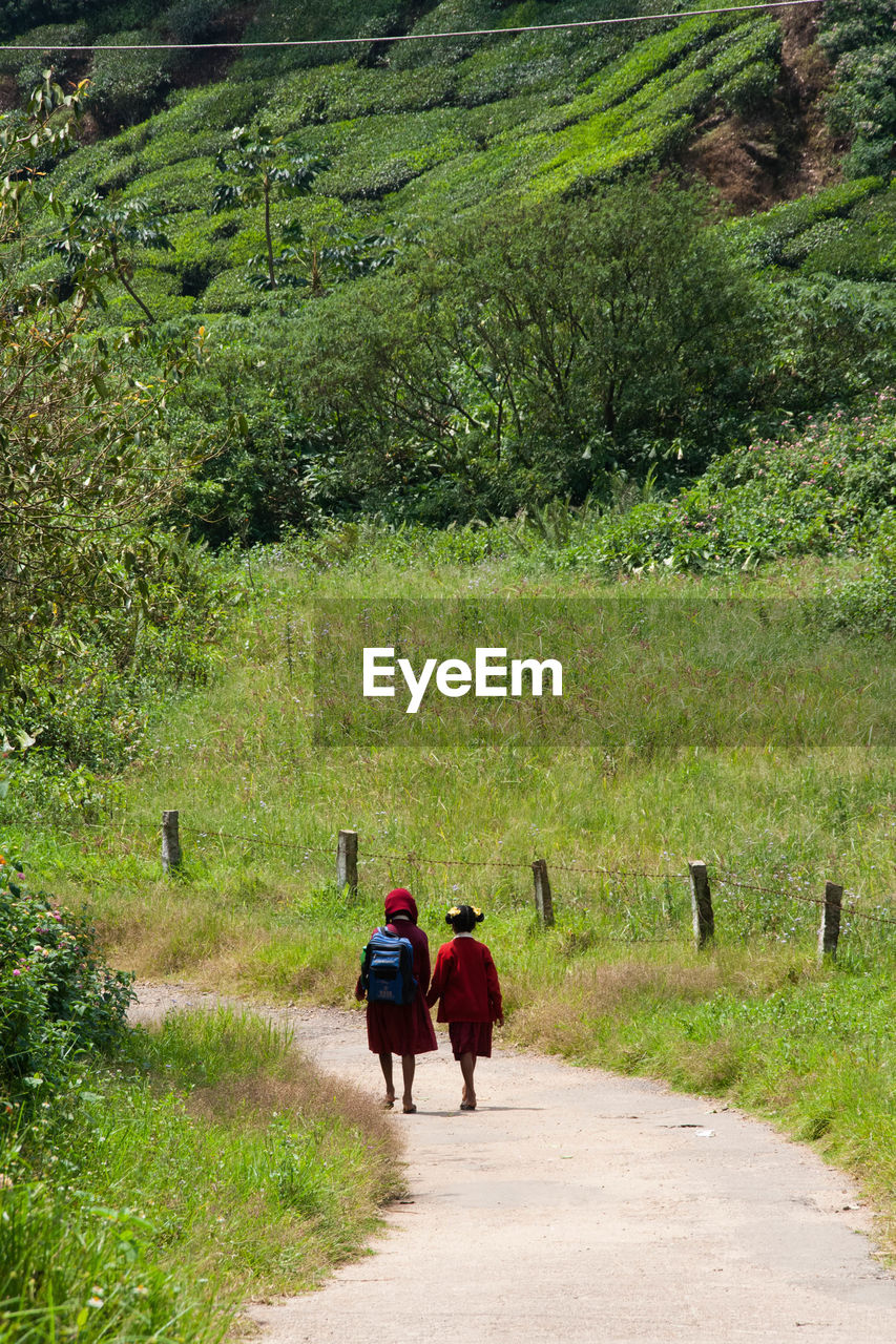 Rear view full length of girls walking by grassy field on road