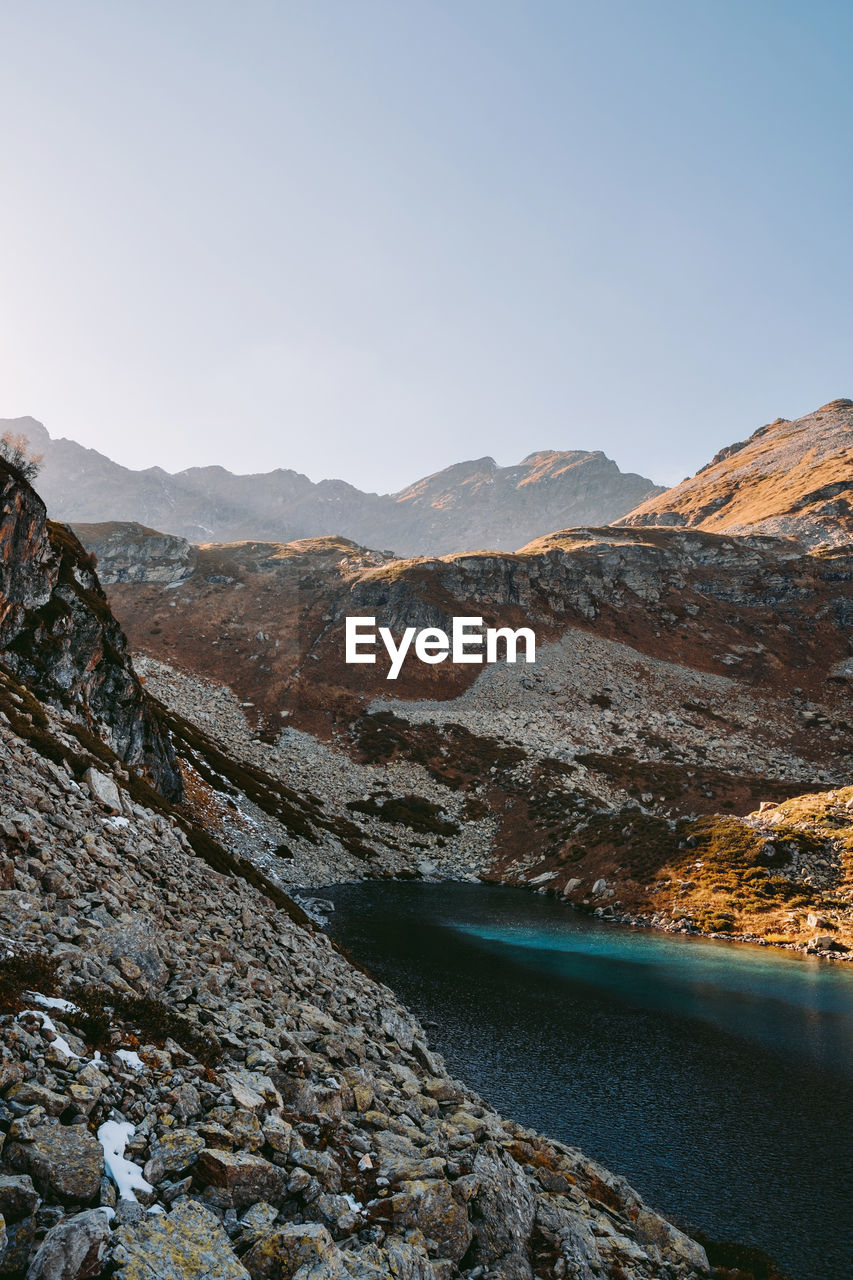 Scenic view of landscape against clear blue sky