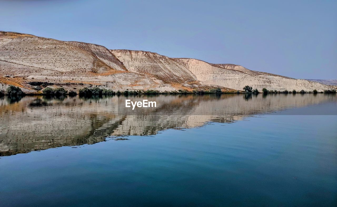 scenic view of lake by mountain against clear sky