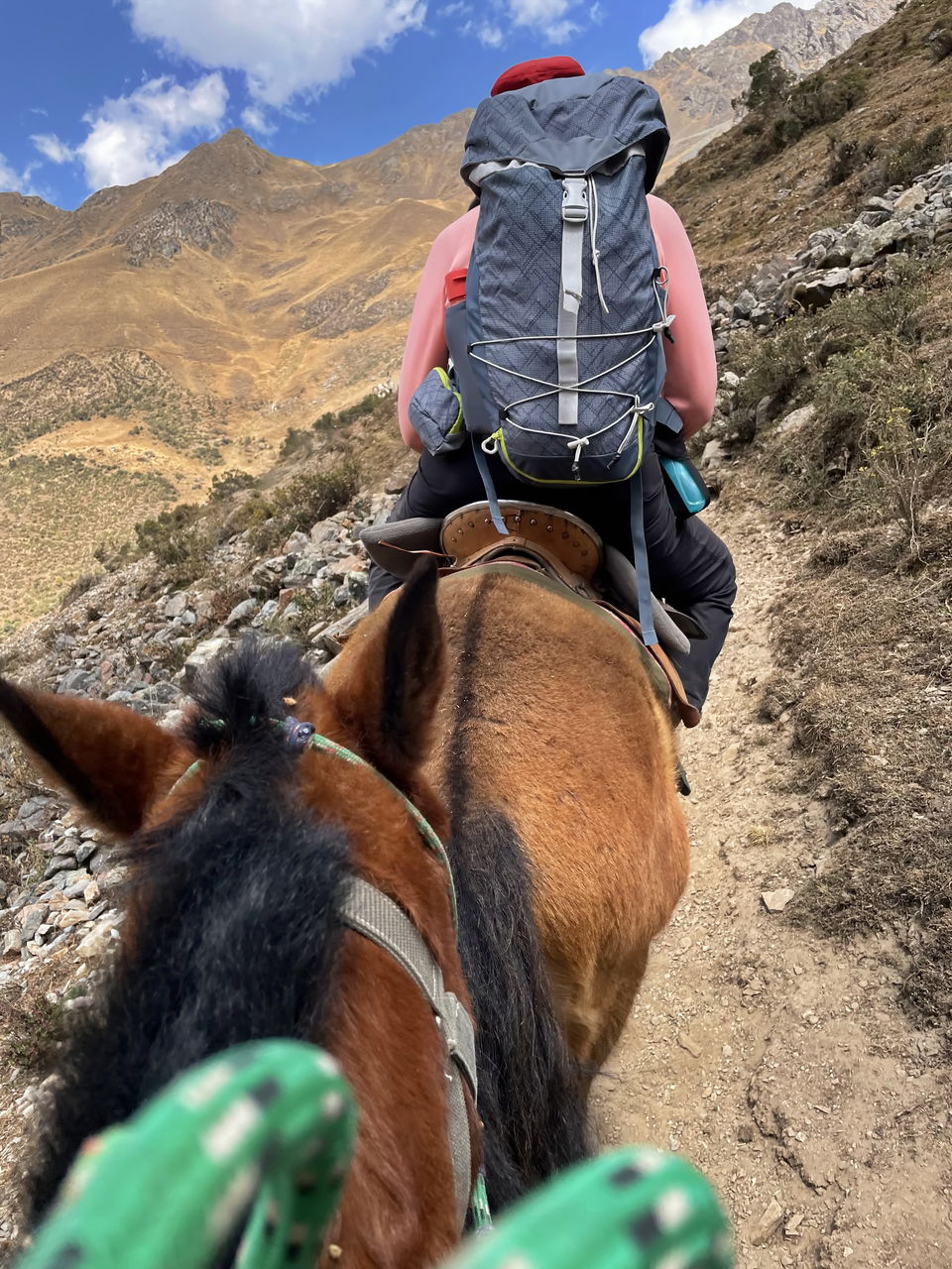 Rear view of woman riding horse on the way to humantay lake in peru